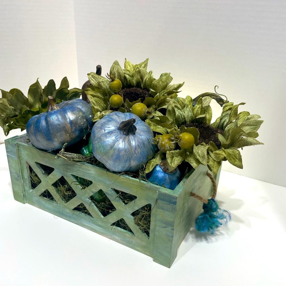 Striking Fall Arrangement - Vivid blue and green pumpkins in wood crate!